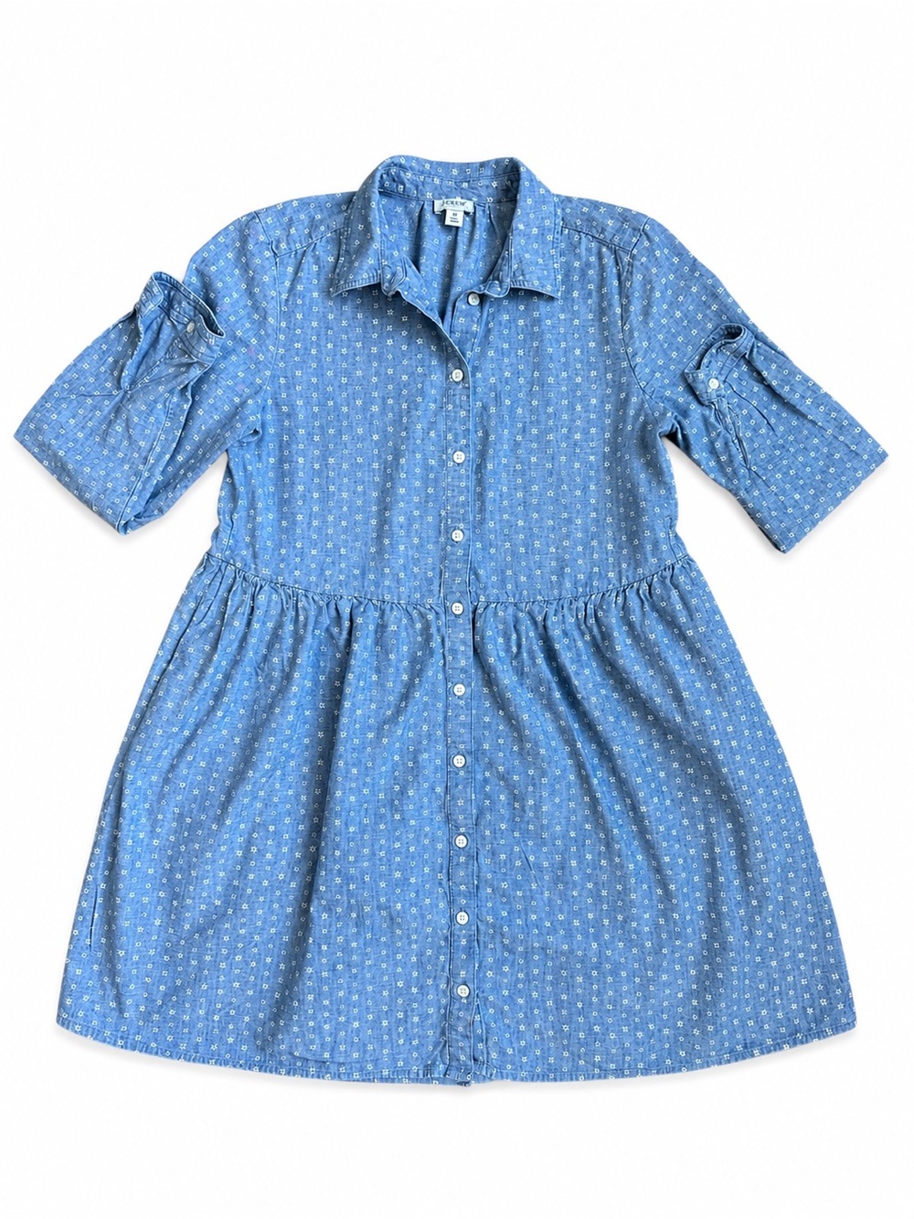 J.Crew Blue Chambray Floral Print Mini Shirt Dress Size 8 Button Down Cotton